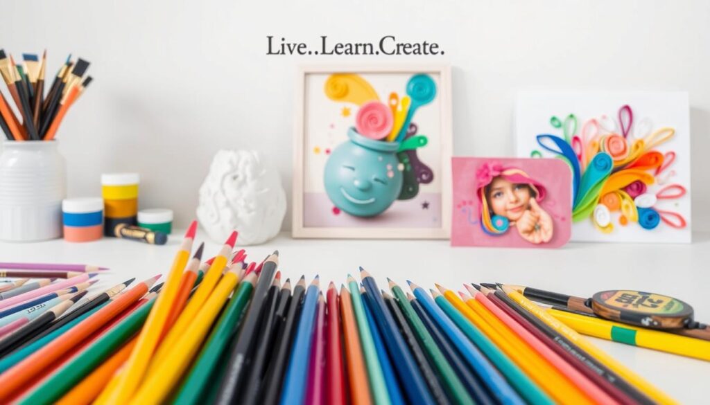 DIY art projects showcasing a variety of creative mediums and techniques. In the foreground, an array of colorful supplies including [paint brushes](https://www.amazon.com/dp/B07XJQWVJ9), [acrylic paints](https://www.amazon.com/dp/B07RNXB1XZ), [clay sculpting tools](https://www.amazon.com/dp/B07BQNXJR5), and [colored pencils](https://www.amazon.com/dp/B07V1XFQRY). In the middle ground, finished DIY projects like a handmade ceramic vase, a framed abstract painting, and a paper quilling artwork. The background showcases the "Live.Learn.Create" brand, with inspirational ideas and instructions for diverse DIY art projects. Soft, natural lighting and a clean, minimalist composition to highlight the creativity and versatility of these DIY creations.