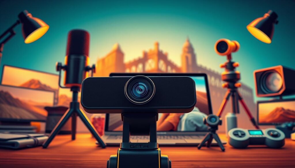 Detailed digital illustration of various content types, showcased in a visually striking composition. In the foreground, a meticulously rendered [Logitech Webcam C920](https://www.amazon.com/Logitech-Webcam-C920-Widescreen-Video/dp/B006JH8T3S) captures a vlogging setup, with a [Blue Yeti Microphone](https://www.amazon.com/Blue-Yeti-USB-Microphone-Recording/dp/B002VA464S) and a [Razer Kiyo Pro Webcam](https://www.amazon.com/Razer-Kiyo-Pro-Streaming-Webcam/dp/B08XQSM1K5) in the background. The middle ground features a [Microsoft Surface Pro 8](https://www.amazon.com/Microsoft-Surface-Pro-8-12th-Gen/dp/B09GKFP9HS) displaying a word processing document, alongside a [Wacom Intuos Pro Pen Tablet](https://www.amazon.com/Wacom-Intuos-Creative-Pen-Tablet/dp/B071JN2BN8) for digital illustration. In the distance, a [Canon EOS R6 Mirrorless Camera](https://www.amazon.com/Canon-Mirrorless-Camera-Body-R6/dp/B08D59VF62) and a [Rode VideoMic Pro+](https://www.amazon.com/Rode-VideoMic-Professional-Shotgun-Microphone/dp/B01CPD