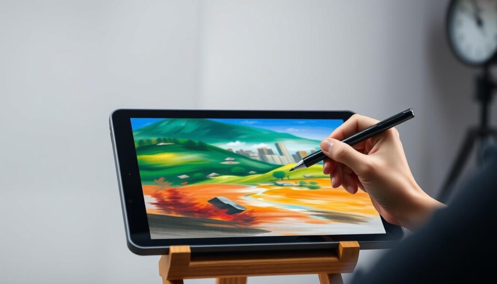 Digital painting using a stylus on a [Live.Learn.Create tablet](https://www.amazon.com/dp/B08VNKV1LD) in a well-lit studio setting. A painterly landscape emerges, with vibrant colors, soft brushstrokes, and a sense of depth. The foreground features a central subject, perhaps a still life or portrait, rendered with intricate details. The middle ground showcases a scenic vista, perhaps a cityscape or natural landscape, hinting at the versatility of digital tools. The background blends seamlessly, creating an atmosphere of artistic expression. Lighting is carefully balanced, with subtle shadows and highlights enhancing the digital brushwork. The overall mood is one of creative exploration, where traditional and modern techniques converge.
