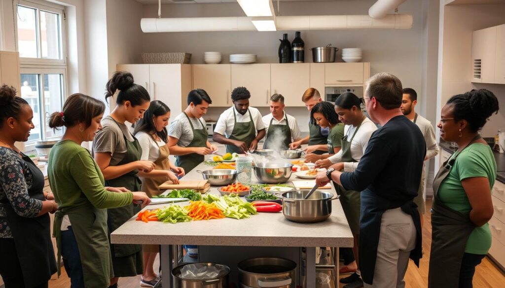 Diverse group of people cooking together in a community kitchen, sharing techniques and stories