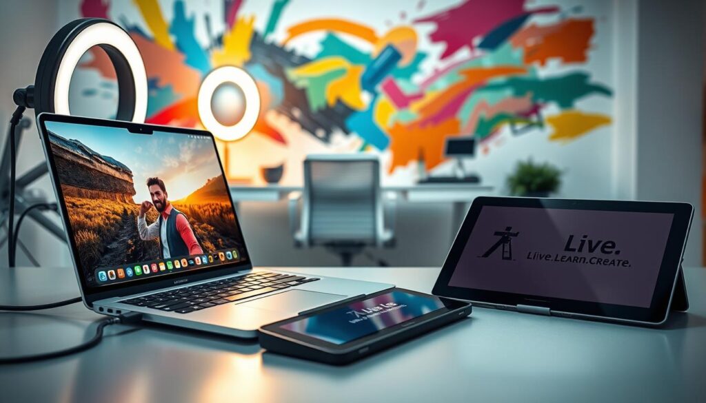 Engaging Content: A vibrant, multimedia display showcasing the essence of captivating digital content creation. In the foreground, a sleek, metallic laptop [https://amzn.to/3HnpvYk] displays a live video feed, its screen reflecting the warm glow of a ring light [https://amzn.to/3Hq3IZv] positioned nearby. Alongside, a state-of-the-art digital tablet [https://amzn.to/3HmT5xo] lies open, its surface emblazoned with the "Live.Learn.Create" brand. In the middle ground, a minimalist desk setup provides the perfect workspace, complete with a modern, ergonomic chair [https://amzn.to/3HnDihr] and various content creation tools. The background features a vibrant, abstract mural, its colorful brushstrokes evoking a sense of creativity and dynamism. Soft, diffused lighting bathes the entire scene, creating a welcoming and inspiring atmosphere for crafting engaging and valuable content.