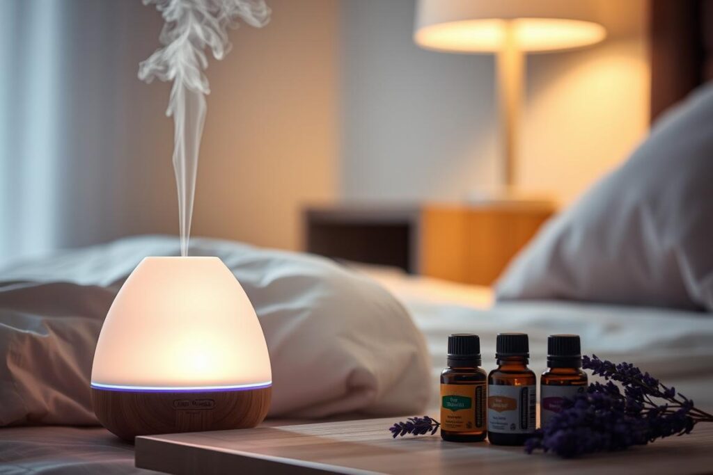 Essential oil diffuser with lavender oil for sleep optimization