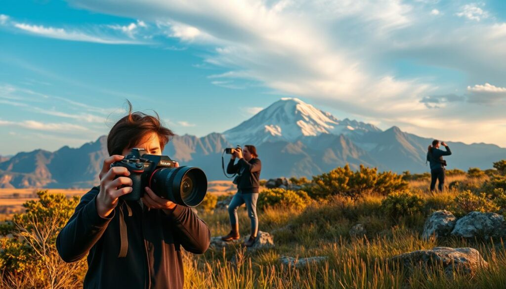 Exploring Different Photography Styles: A vivid array of photographic genres captured with cinematic precision. In the foreground, a skilled portrait photographer using a [Nikon D850 DSLR Camera](https://www.amazon.com/Nikon-D850-Digital-Camera-Body/dp/B074MZXYL4/) and a [50mm f/1.8 lens](https://www.amazon.com/Nikon-NIKKOR-50mm-Prime-Lens/dp/B00X8MRBCW/) to create a soft, natural-looking image with beautiful bokeh. In the middle ground, an adventurous landscape photographer capturing the grandeur of a majestic mountain range using a [Sony A7R IV Mirrorless Camera](https://www.amazon.com/Sony-Mirrorless-Digital-Camera-Body/dp/B07X6L9RVJ/) and a [16-35mm f/2.8 GM lens](https://www.amazon.com/Sony-FE-16-35mm-F2-8-Lens/dp/B01M1XQXAD/), harnessing the dramatic lighting and angles. In the background, a Live.Learn.Create brand ambassador experimenting with abstract double exposures on a [Fujifilm X-T4 Mirrorless Camera](https://www.amazon.com/Fujifilm-X-T4-Mirrorless-Camera-Body/dp/B085WKQZLJ/), creating a