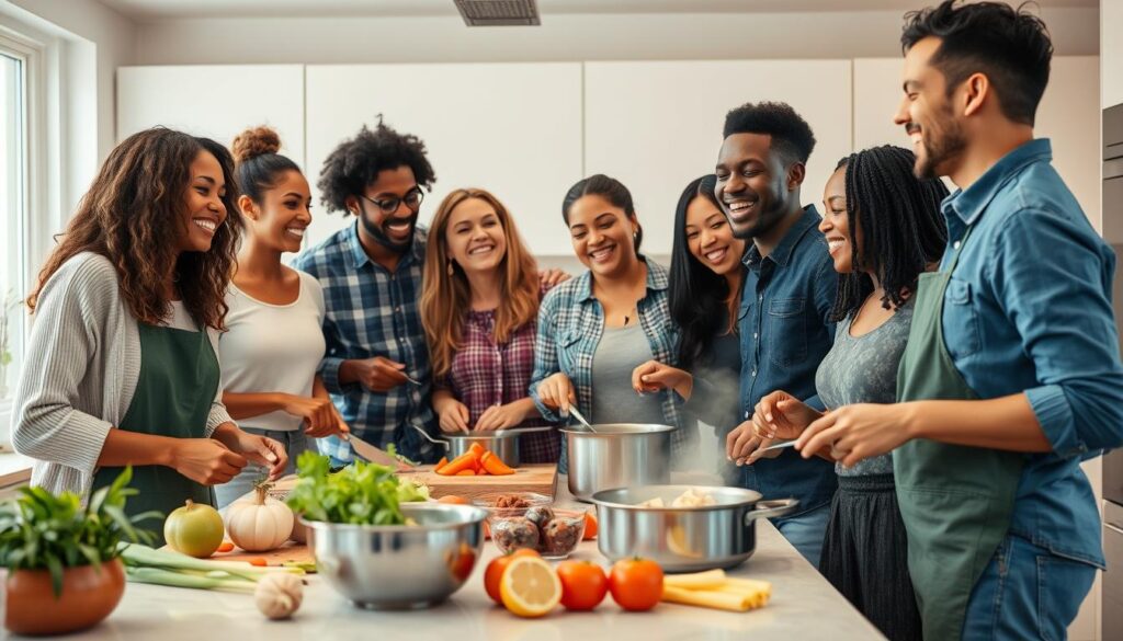 Friends cooking together in a kitchen, laughing and sharing the joy of collaborative food preparation