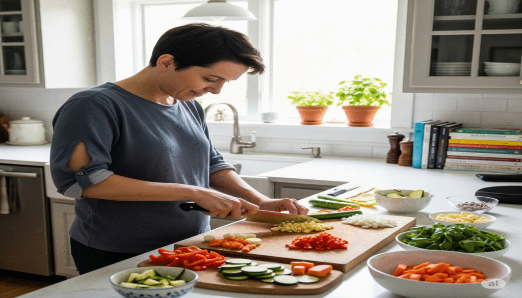 Person mindfully chopping vegetables in a bright, organized kitchen with natural light streaming