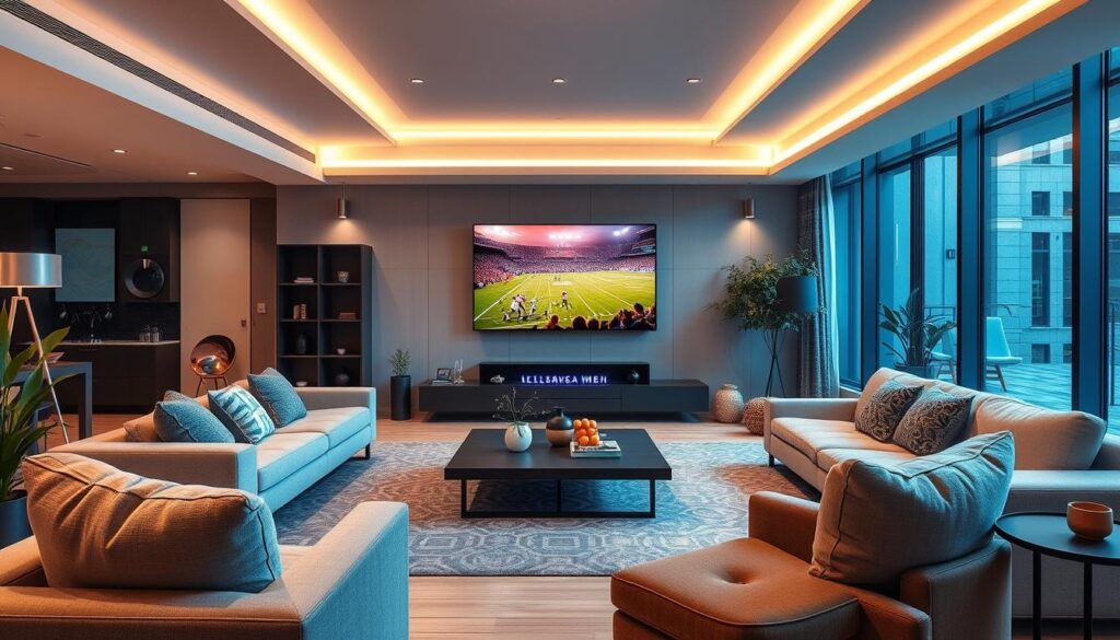 Generate an image of a modern living room with a large screen TV displaying a live sports event.