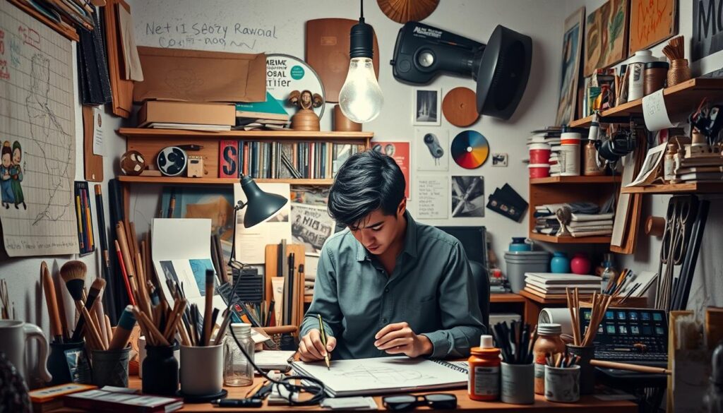 Generate an image of a person surrounded by creative tools and materials, with a spark or lightbulb turning on above their head.