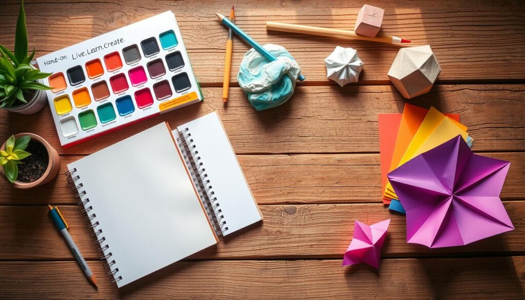 Hands-on creative projects, artfully arranged on a rustic wooden table. A kaleidoscope of materials - [Live.Learn.Create] watercolor paints (https://amzn.to/3TJoJbk), a sketchpad (https://amzn.to/3TdCHwn), sculpting clay (https://amzn.to/3TJon2q), and vibrant origami paper (https://amzn.to/3TKM8KV). Soft, natural lighting casts a warm glow, highlighting the textures and hues. A sense of focused creativity and introspection pervades the scene, inviting the viewer to unleash their own imagination. The arrangement conveys the joy of hands-on learning and the power of DIY projects to ignite one's creative spark.