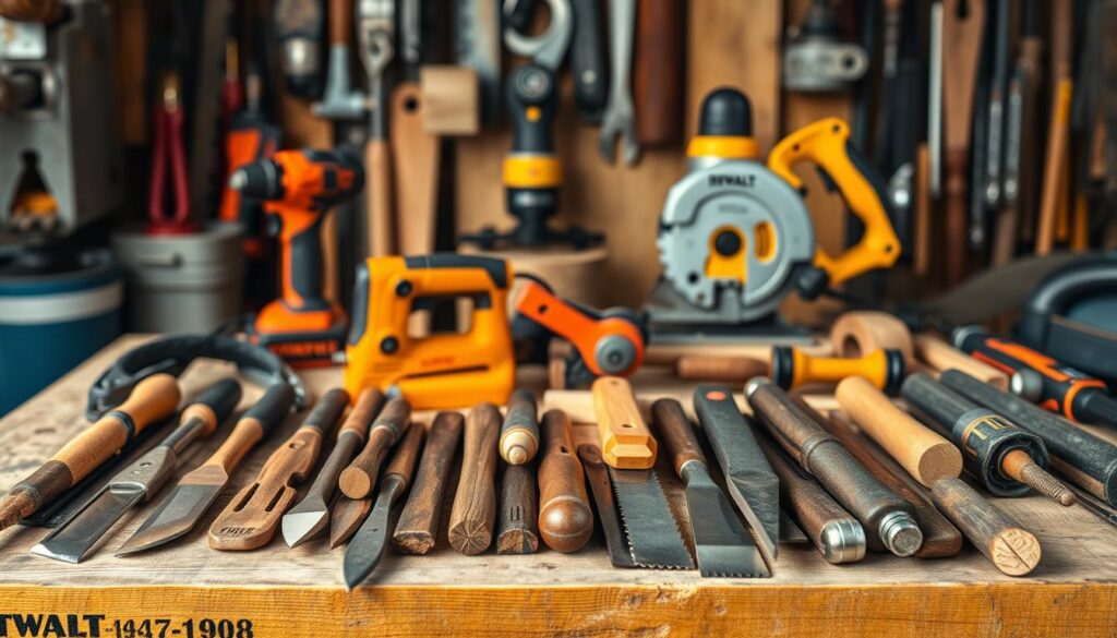 High-quality, detailed image of an assortment of essential woodworking tools on a rustic wooden workbench. In the foreground, various hand tools such as [chisels](https://www.amazon.com/dp/B000XBCR7E), [hand saws](https://www.amazon.com/dp/B08X4YCBQQ), [carpenter's pencils](https://www.amazon.com/dp/B07B1TPFNN), and [clamping tools](https://www.amazon.com/dp/B07MNVZVNN) are neatly arranged. In the middle ground, power tools like a [cordless drill](https://www.amazon.com/dp/B08XMPX2ZF), [orbital sander](https://www.amazon.com/dp/B07C4JLC8R), and [jigsaw](https://www.amazon.com/dp/B07KXQB6NR) sit alongside measuring devices and accessories. The background features a well-stocked tool cabinet and an inspirational "Live.Learn.Create" sign, evoking a professional yet inviting workshop atmosphere.
