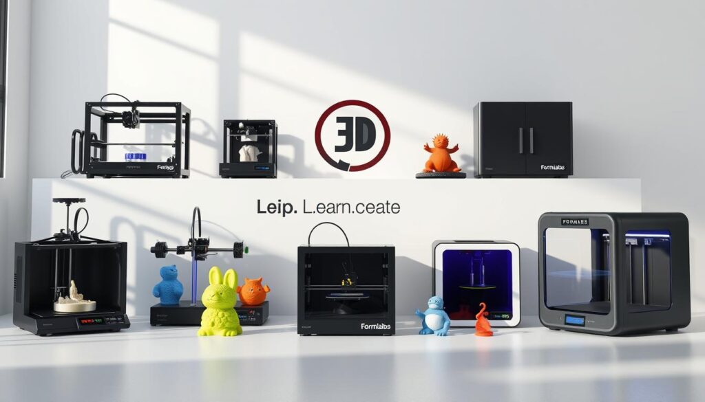 Highly detailed and photorealistic 3D render of various 3D printing technologies, showcasing a selection of state-of-the-art desktop 3D printers, from SLA (Stereolithography) to FDM (Fused Deposition Modeling) and SLS (Selective Laser Sintering) printers, such as the Anycubic Photon Mono X (https://www.amazon.com/dp/B08XQTCVXF), the Ender 3 V2 (https://www.amazon.com/dp/B07BBNCBNB), and the Formlabs Form 3 (https://www.amazon.com/dp/B07Y2QRPF2), all arranged in a clean, modern studio setting with soft, natural lighting and a Live.Learn.Create branding element subtly incorporated into the design.