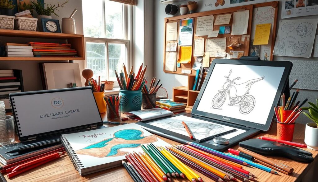Inspired creative workspace with an assortment of artistic tools and supplies, including a [Live.Learn.Create] sketchbook, [Prismacolor Premier Colored Pencils] (https://www.amazon.com/dp/B00006IEEU), a [Wacom Intuos Pro Digital Graphic Drawing Tablet] (https://www.amazon.com/dp/B00EN27URS), and a [Daylight U32 Slimline Tracing and Light Box] (https://www.amazon.com/dp/B00LGLHUA2). Vibrant colors, dynamic composition, and a sense of inspiration and creativity pervade the scene, with natural light streaming in from a window. A mood board with sketches, notes, and images hangs on the wall, further enhancing the atmosphere of a successful, imaginative creative project.