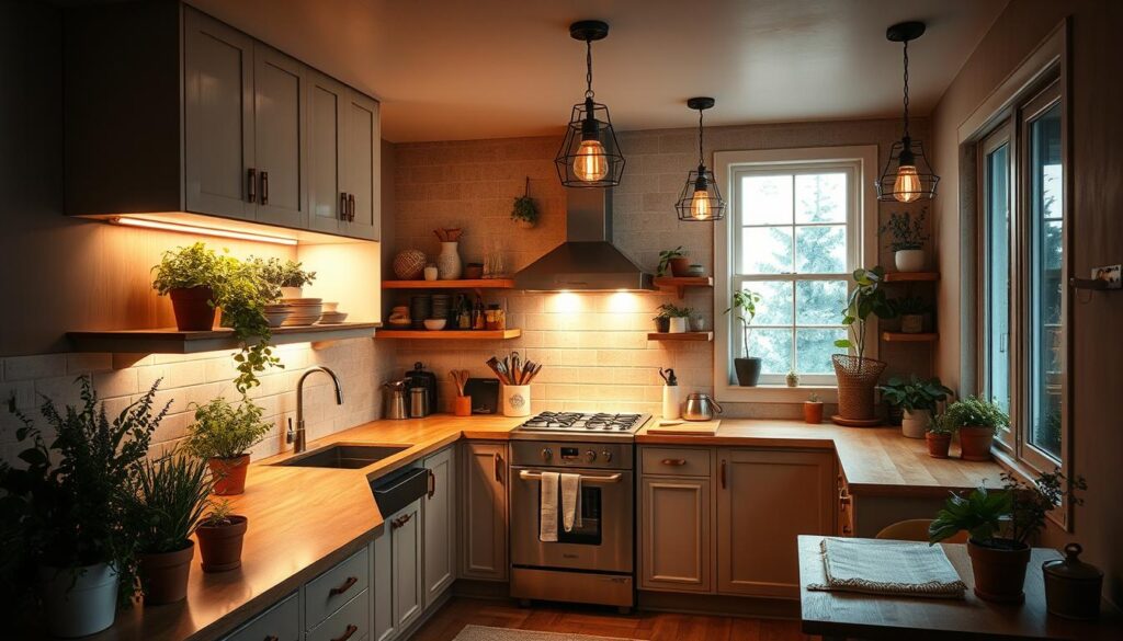 Kitchen with layered lighting, plants, and natural elements creating a calming cooking environment