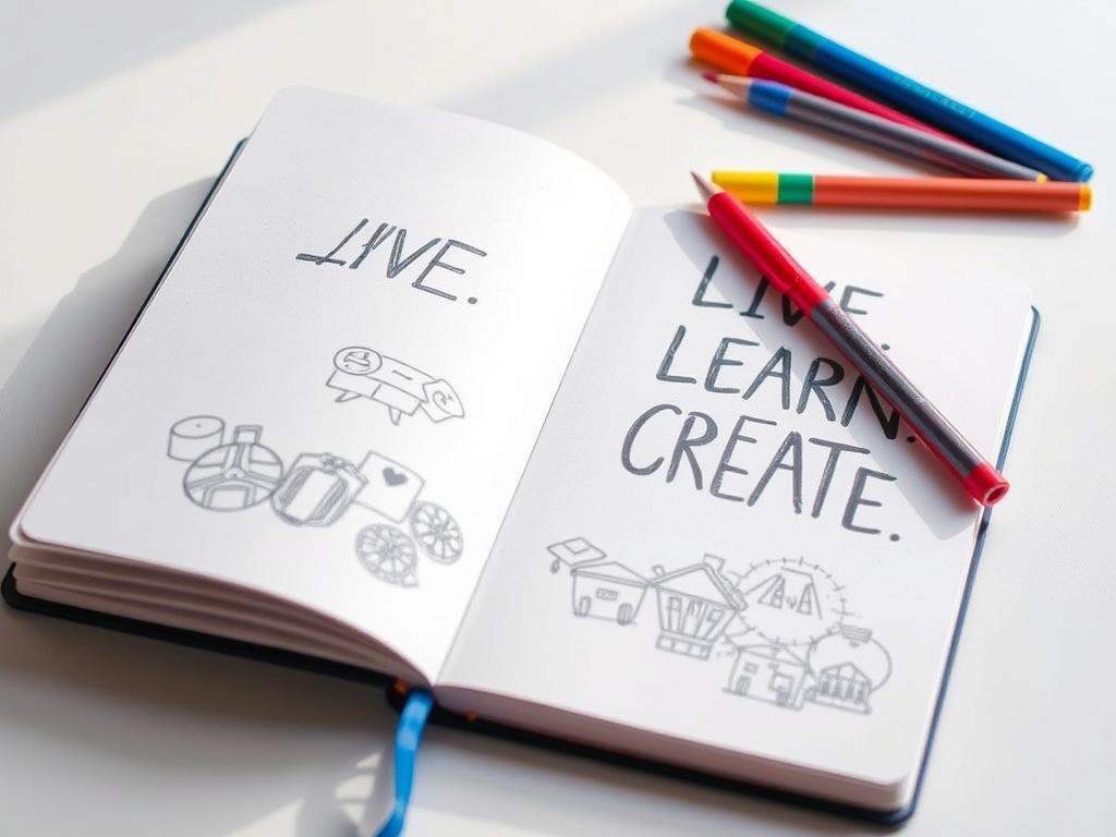 LIVE.LEARN.CREATE notebook with creative sketches and notes