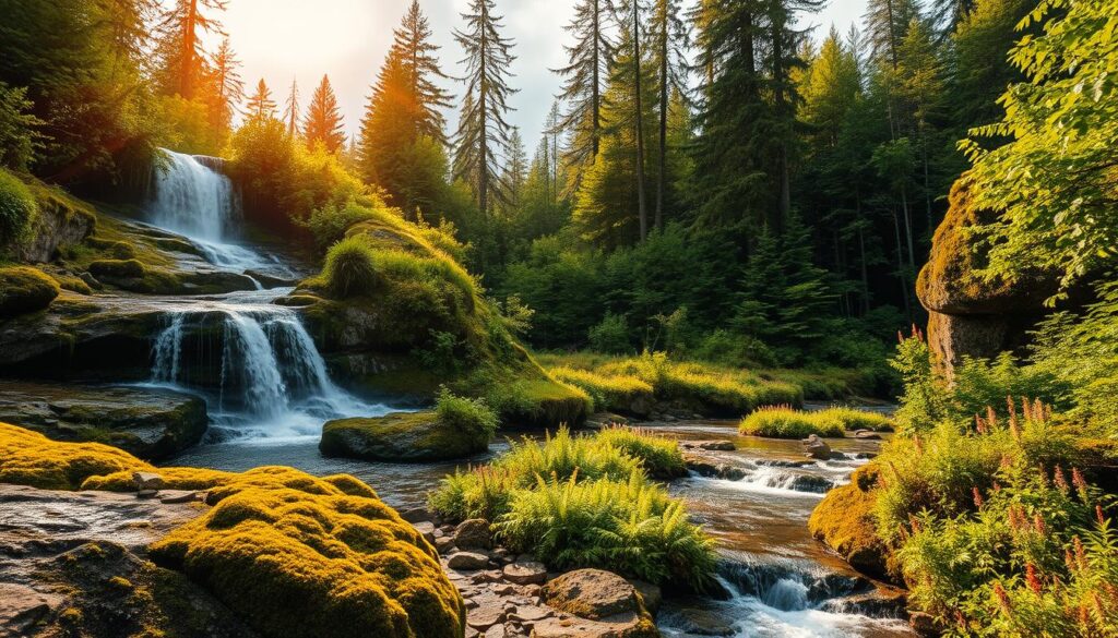 Lush, verdant forest bathed in warm, golden afternoon light. In the foreground, a cascading waterfall spills over moss-covered rocks, its crystal-clear waters reflecting the surrounding foliage. In the middle ground, a meandering stream winds through a carpet of ferns and wildflowers, inviting the viewer to pause and find inspiration. In the distance, towering pine trees reach towards a cloudy, atmospheric sky. This serene, natural scene evokes a sense of tranquility and wonder, perfect for sparking the creativity of the artist. Suggested tools: [Live.Learn.Create] sketchbook, [Live.Learn.Create] drawing pencils, [Live.Learn.Create] watercolor palette.