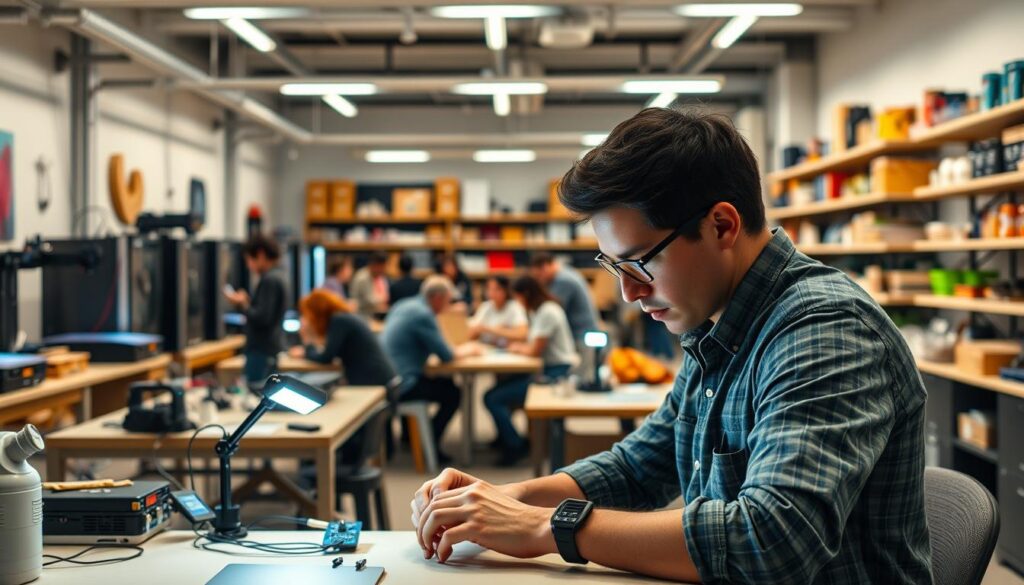Maker spaces: bustling hubs of innovation and creativity. Sleek, modern workshops filled with an array of tools, from [3D printers](https://www.amazon.com/dp/B07BR3F9N6) to [laser cutters](https://www.amazon.com/dp/B07KXQRLVJ), where tinkerers, artists, and inventors come together to bring their ideas to life. In the foreground, an engineer intently focuses on a prototype, their face illuminated by the glow of a [smart workbench lamp](https://www.amazon.com/dp/B07XQXVXJV). The middle ground bustles with activity, as makers collaborate at communal tables, sharing knowledge and techniques. In the background, shelves of [maker-friendly electronics](https://www.amazon.com/dp/B07KXQRLVJ) and [crafting supplies](https://www.amazon.com/dp/B07BR3F9N6) hint at the boundless possibilities. The overall atmosphere is one of innovation, fueled by the "Live.Learn.Create" ethos that permeates these dynamic spaces.