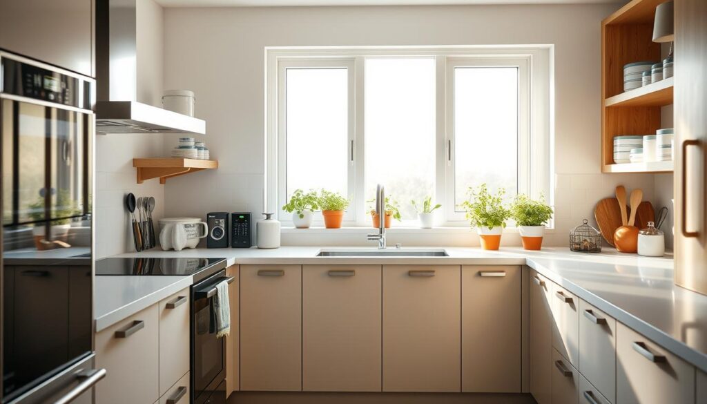 Modern, well-organized kitchen with smart appliances, ergonomic tools, and natural elements creating a sanctuary-like atmosphere
