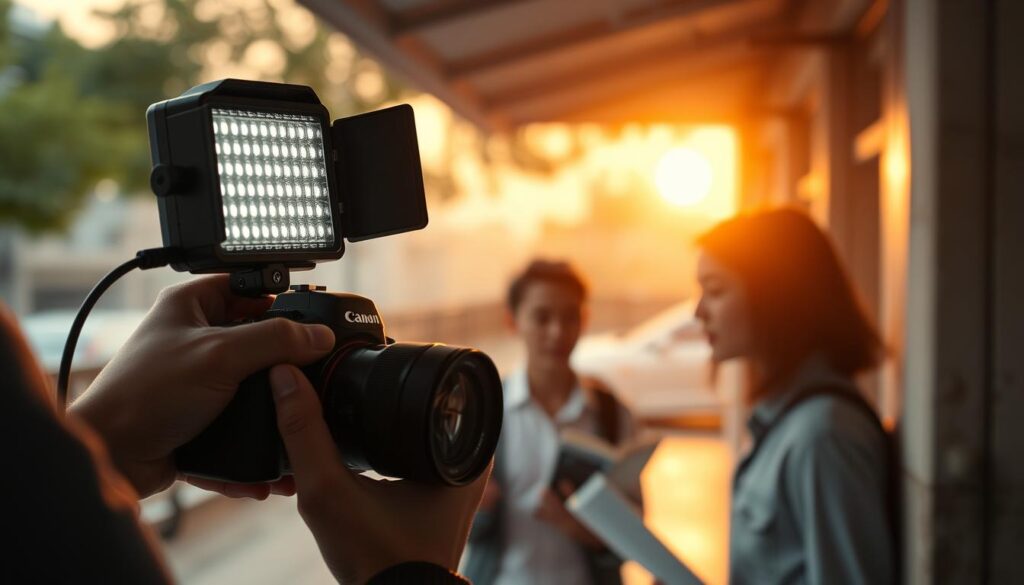 Narrative storytelling in videography: A cinematic scene unfolds, bathed in warm, natural lighting from a [Neewer 660 LED Video Light](https://www.amazon.com/Neewer-Dimmable-Bi-Color-Lighting-Portrait/dp/B01LXDNNBW) positioned at a 45-degree angle. In the foreground, a videographer holds a [Canon EOS R6 Mirrorless Camera](https://www.amazon.com/Canon-Mirrorless-Digital-Camera-Accessory/dp/B08L8JTQP5), capturing a captivating moment with a wide-angle lens. The middle ground showcases a subject engrossed in a narrative, their expressions and gestures conveying a compelling story. In the background, a softly blurred cityscape sets the scene, evoking a sense of place and context. The overall mood is one of artistic, cinematic storytelling, as envisioned by the Live.Learn.Create team.