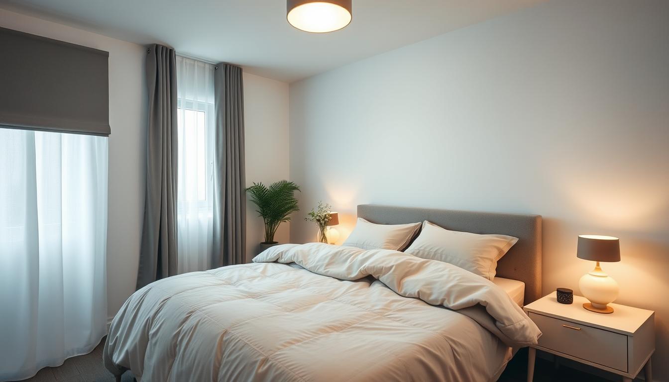 Peaceful bedroom optimized for quality sleep with dim lighting and comfortable bedding