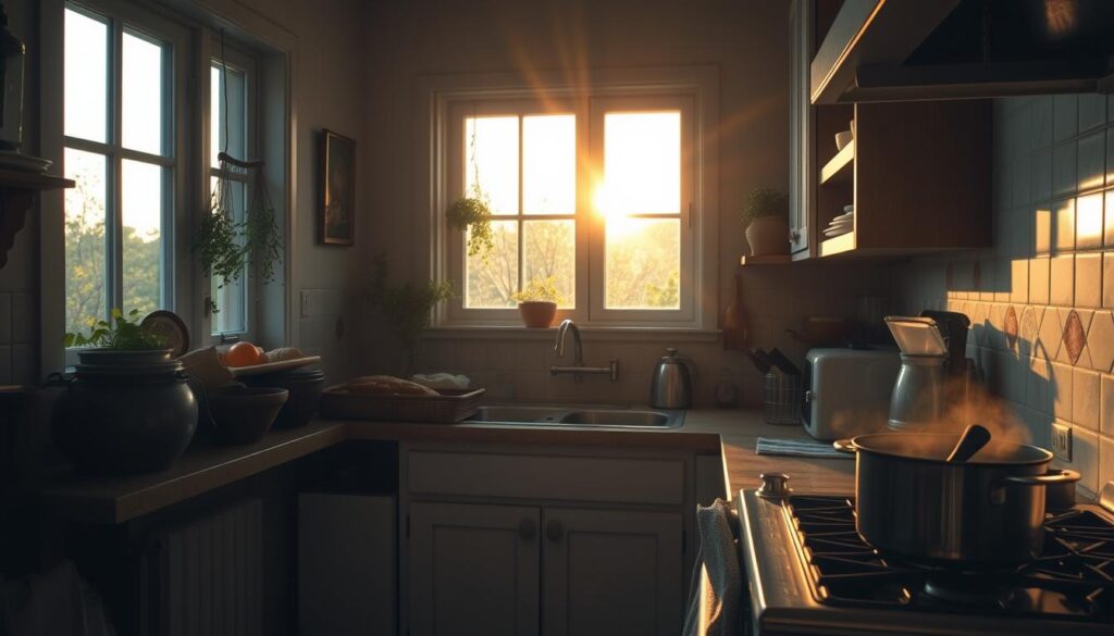 Peaceful kitchen at sunset with evidence of recent cooking activity, embodying the concept of kitchen as sanctuary