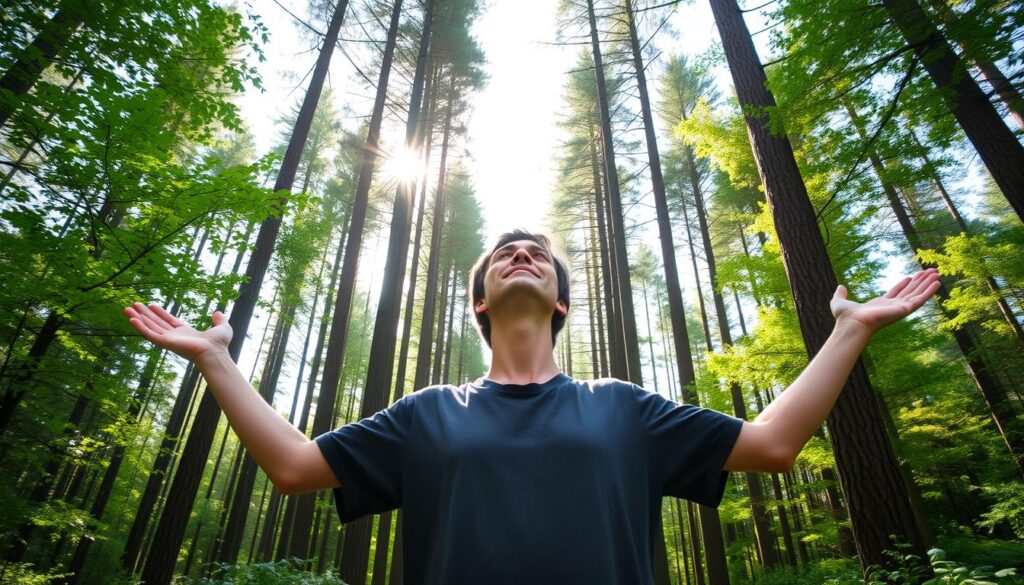 Person connecting with nature in a forest setting Person connecting with nature in a forest setting