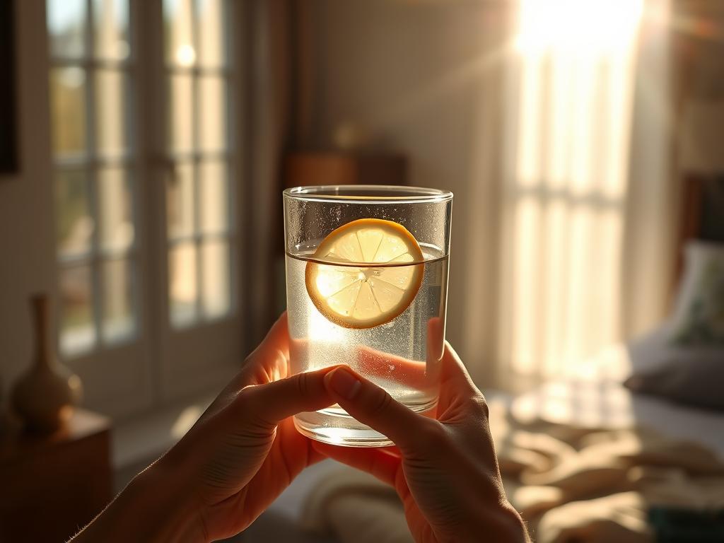Person drinking water from glass in morning light Person drinking water from glass in morning light