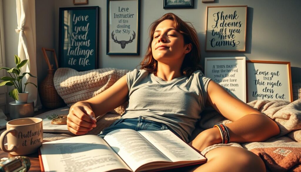 Person enjoying a peaceful moment with various inspirational items around them