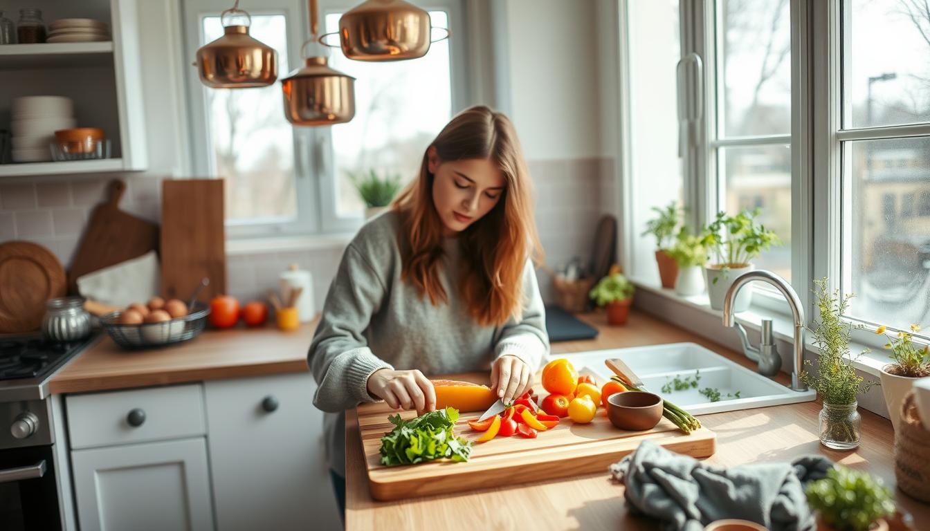 Person mindfully chopping vegetables in a bright, organized kitchen with natural light streaming in