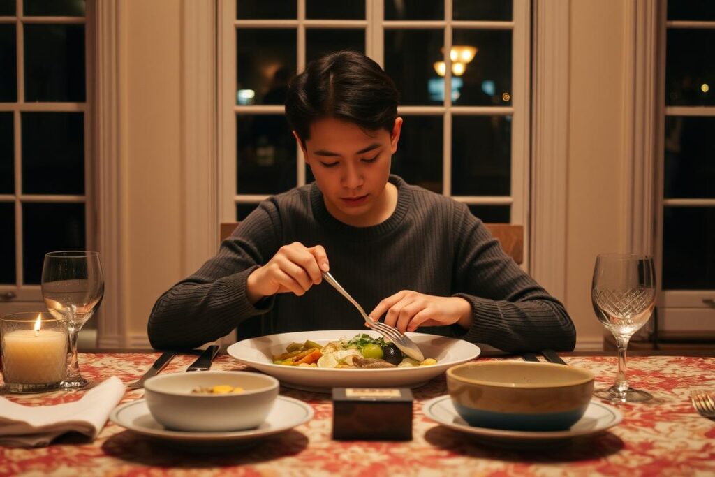 Person mindfully enjoying a meal they prepared, appreciating the colors, aromas, and flavors