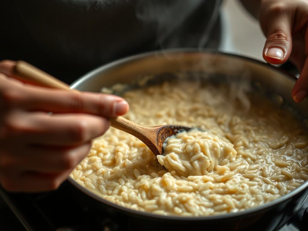 Person mindfully stirring risotto, fully engaged in the sensory experience of cooking