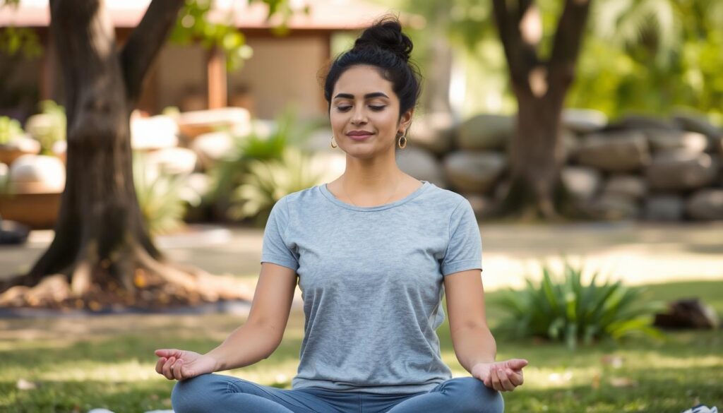 Person practicing mindfulness meditation outdoors Person practicing mindfulness meditation outdoors