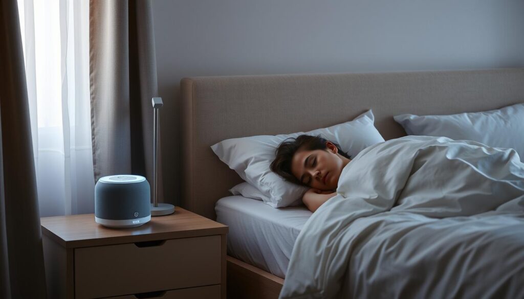 Person sleeping peacefully with white noise machine on nightstand
