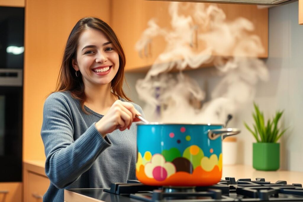 Person smiling while stirring a pot on the stove, demonstrating the mood-boosting effects of cooking