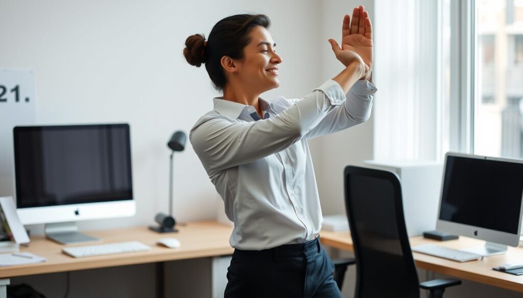 Person taking a mindful movement break during work Person taking a mindful movement break during work