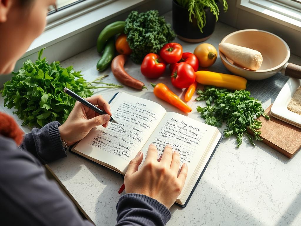 Person writing in a cooking journal next to fresh ingredients, documenting their cooking therapy experience