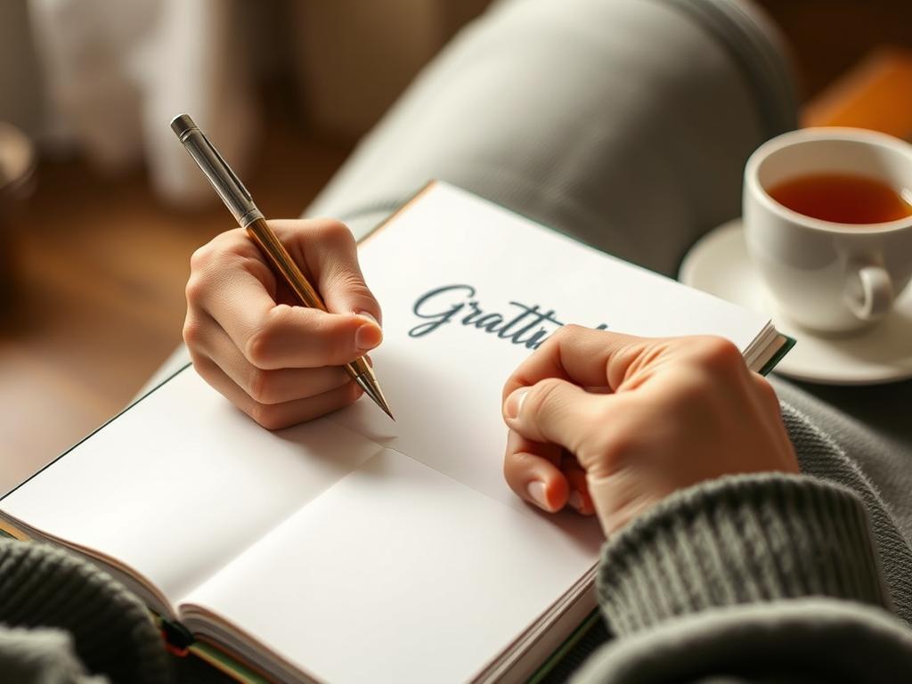Person writing in gratitude journal Person writing in gratitude journal