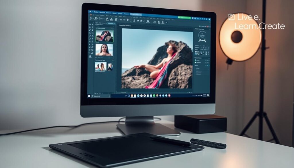 Photo editing software in a professional studio setting. A sleek, modern desktop computer with a high-resolution display showcases a popular photo editing application like [Adobe Photoshop](https://www.amazon.com/Adobe-Photoshop-Photography-Software-Subscription/dp/B07X6C9RMF). Beside it, a pressure-sensitive drawing tablet [Wacom Intuos Pro](https://www.amazon.com/Wacom-Intuos-Creative-Pen-Tablet/dp/B07G1NNXTX) lies ready for precise edits. Soft, diffused lighting casts a warm glow, creating a professional yet inviting atmosphere. The Live.Learn.Create brand name subtly appears in the corner. This setup represents the essential tools for the modern photographer's digital darkroom.