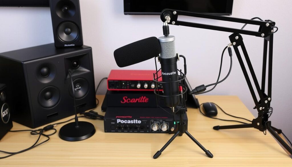 Podcast equipment: A meticulously arranged studio setup with a professional-grade [Rode Podcaster USB Microphone](https://www.amazon.com/Rode-Podcaster-USB-Dynamic-Microphone/dp/B000JM46FY), a [Focusrite Scarlett 2i2 Audio Interface](https://www.amazon.com/Focusrite-Scarlett-Audio-Interface-Tools/dp/B07QW4ZXYY), a sturdy [Blue Microphones Radius III Shock Mount](https://www.amazon.com/Blue-Microphones-Radius-III-Shock/dp/B014CXMCCA), and a [Neewer NW-35 Suspension Boom Scissor Arm Stand](https://www.amazon.com/Neewer-Suspension-Microphone-Adjustable-Mounting/dp/B00DY1F2CS). Strategically placed studio lighting, a clean backdrop, and a sleek Live.Learn.Create-branded desk create a polished, inspiring atmosphere for recording your first podcast episode.