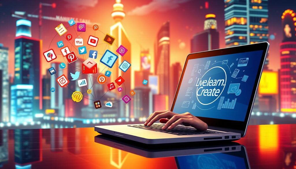 Prompt A captivating digital illustration showcasing the art of content promotion. In the foreground, a modern laptop displays a [Live.Learn.Create](https://www.amazon.com/Live-Learn-Create-Laptop-Sleeve/dp/B07GXQZ9L3) logo, surrounded by vibrant social media icons, digital analytics charts, and a swirling array of content assets. The middle ground features a content creator typing intently, their face illuminated by the glow of the screen. In the background, a dynamic cityscape backdrop with skyscrapers, neon lights, and a pulsing energy, symbolizing the online landscape where content thrives. Warm, futuristic lighting casts a captivating glow, evoking a sense of innovation and digital mastery. The overall composition conveys the powerful synergy between creating and promoting compelling content in the digital age.