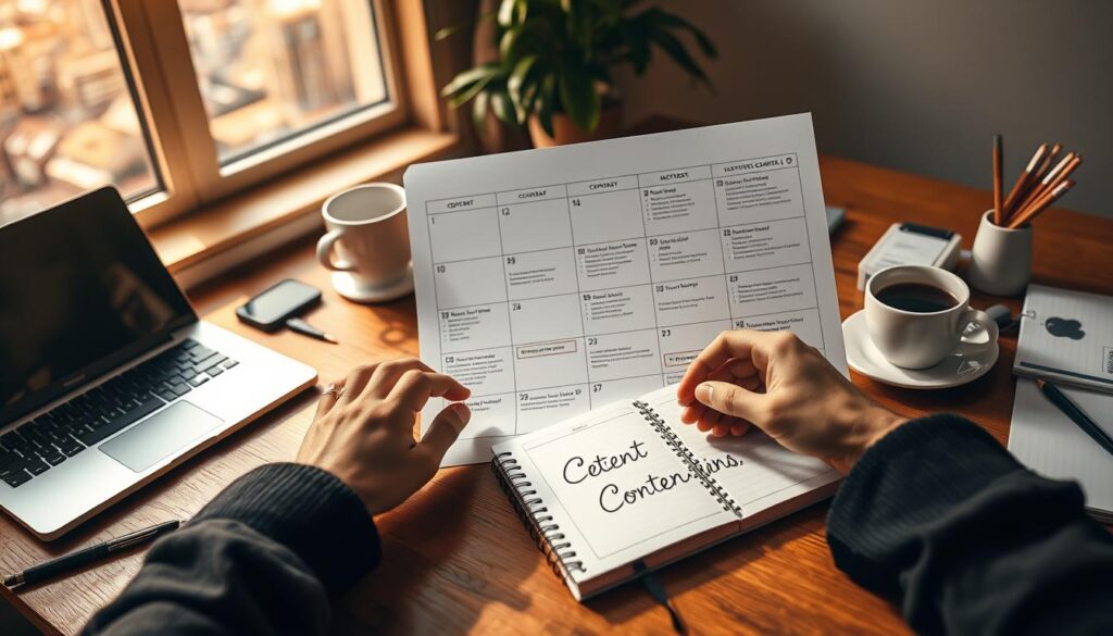 Prompt A neatly organized content calendar on a wooden desk, illuminated by warm, natural lighting from a nearby window. A sleek laptop, a cup of coffee, and various stationery items surround the calendar. The calendar features a grid layout, with sections for different content types, deadlines, and social media schedules. In the foreground, a pair of hands carefully planning the content, with the "Live.Learn.Create" brand logo visible on a notebook. In the background, a soft, blurred cityscape provides a serene backdrop. The overall mood is one of focus, productivity, and creative inspiration.