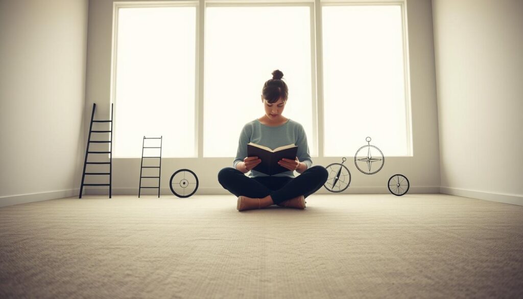 Prompt A serene and minimalist scene depicting goal setting strategies. In the foreground, a person sits cross-legged, focused on a notebook as they plan their objectives. The middle ground features various visual metaphors for goal achievement, such as a ladder, a compass, and a map. In the background, a soft, diffused light filters through a large window, creating a calming atmosphere. The overall mood is one of focus, determination, and clarity. Live.Learn.Create.