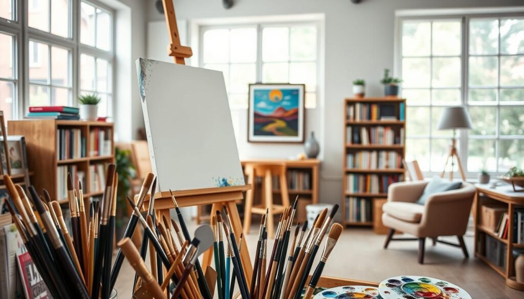 Showcasing an artist's creative space, a well-lit studio with large windows, featuring a Live.Learn.Create easel [https://www.amazon.com/dp/B07WXFJX8V] holding a half-finished canvas. In the foreground, an array of art supplies, including high-quality paint brushes [https://www.amazon.com/dp/B0B8K2RGV9], a palette knife [https://www.amazon.com/dp/B07RWGB3LS], and a variety of vibrant paints [https://www.amazon.com/dp/B07GXKGP6X]. The middle ground showcases a framed work of art on the wall, highlighting the artist's unique style. In the background, a bookshelf displays a collection of art books and inspiration, complemented by a cozy reading nook with a plush chair [https://www.amazon.com/dp/B07BKNDSXZ]. The overall atmosphere is one of creativity, passion, and the pursuit of artistic endeavors.