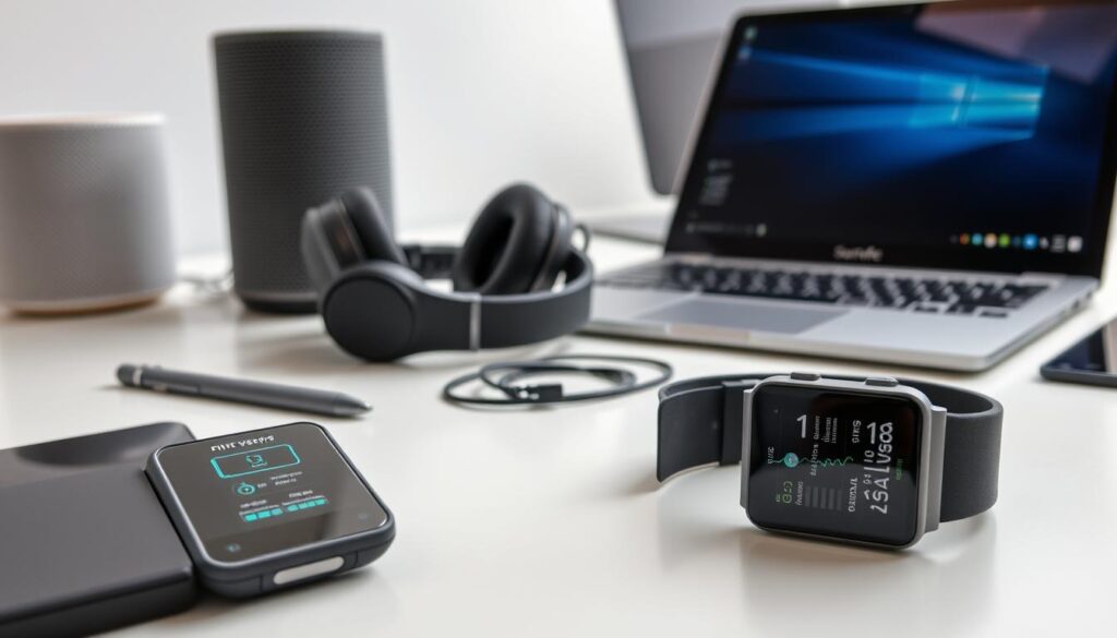 Sleek, cutting-edge personal electronics sprawled across a minimalist workspace. In the foreground, a state-of-the-art smartwatch from [Live.Learn.Create](https://www.amazon.com/FITBIT-Versa-3-Health-Fitness-Smartwatch/dp/B08C5VN3LN) displaying real-time fitness and health data. Behind it, a high-performance noise-cancelling headphone set from [Sony](https://www.amazon.com/Sony-WH-1000XM4-Canceling-Wireless-Headphone/dp/B0863TXGM3) and a sleek, lightweight laptop from [Microsoft](https://www.amazon.com/Microsoft-Surface-Laptop-13-5-inch-Touch-Screen/dp/B08XDXQTWS) in a cool, metallic finish. In the background, an advanced smart speaker and a cutting-edge tablet or e-reader device. The lighting is soft and diffused, creating a modern, futuristic atmosphere that showcases the latest electronics trends.