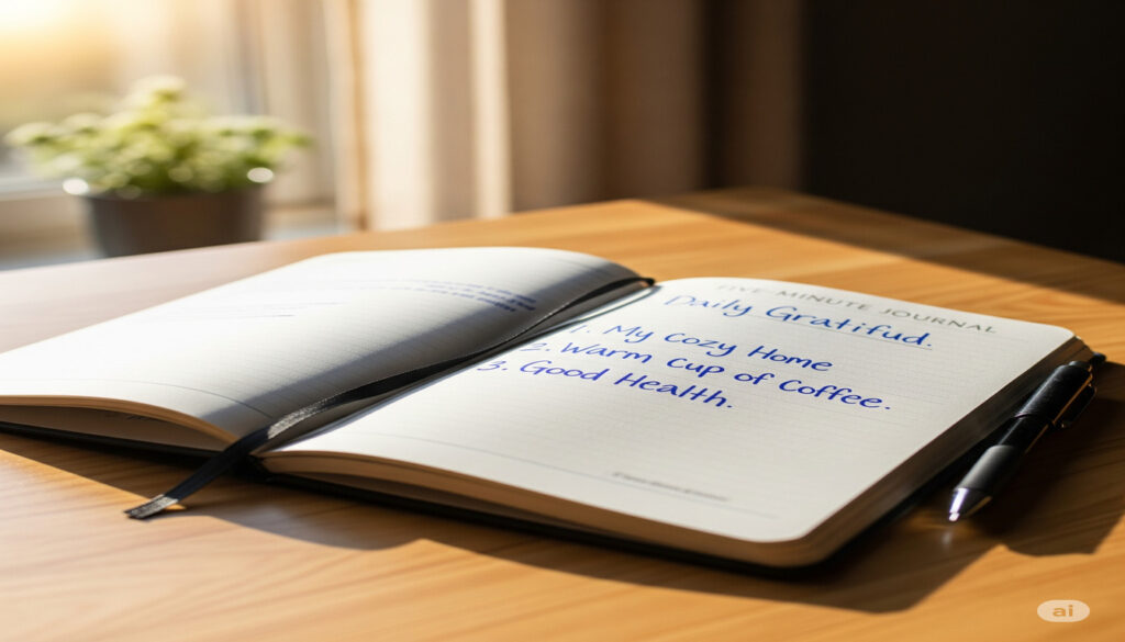 The five-minute journal open to a daily gratitude page.