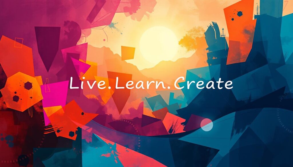 Vibrant abstract composition depicting the dimensions of personal growth. In the foreground, a dynamic interplay of geometric shapes and fluid brushstrokes, symbolizing the multifaceted nature of self-improvement. The middle ground features a series of interconnected pathways, representing the journey of personal development. In the background, a warm, ethereal glow illuminates the scene, conveying a sense of enlightenment and inner transformation. Soft, diffused lighting casts dramatic shadows, adding depth and dimension. Lens flare effects and a slightly hazy atmosphere evoke a contemplative, introspective mood. "Live.Learn.Create" subtly integrated into the design, echoing the theme of personal growth and creative expression.