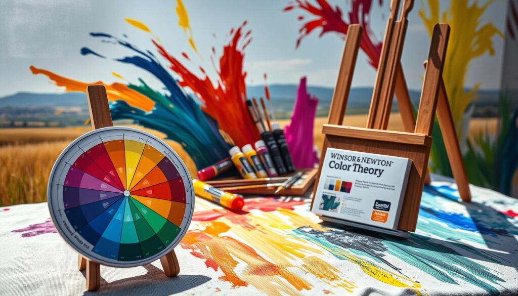 Vibrant brushstrokes dance across the canvas, showcasing the principles of color theory. In the foreground, a [Live.Learn.Create Color Wheel](https://www.amazon.com/dp/B07H8VWKDK) serves as a guide, its harmonious hues inspiring the artist's palette. The middle ground features a still life arrangement of [Winsor & Newton Oil Paints](https://www.amazon.com/dp/B0009XPZXU), their rich pigments blending seamlessly. The background depicts a sun-drenched landscape, with a [Guerrilla Painter Box Easel](https://www.amazon.com/dp/B003XVYKL8) capturing the interplay of light and shadow. This scene illustrates the techniques to enhance your painting skills, where color mastery takes center stage.