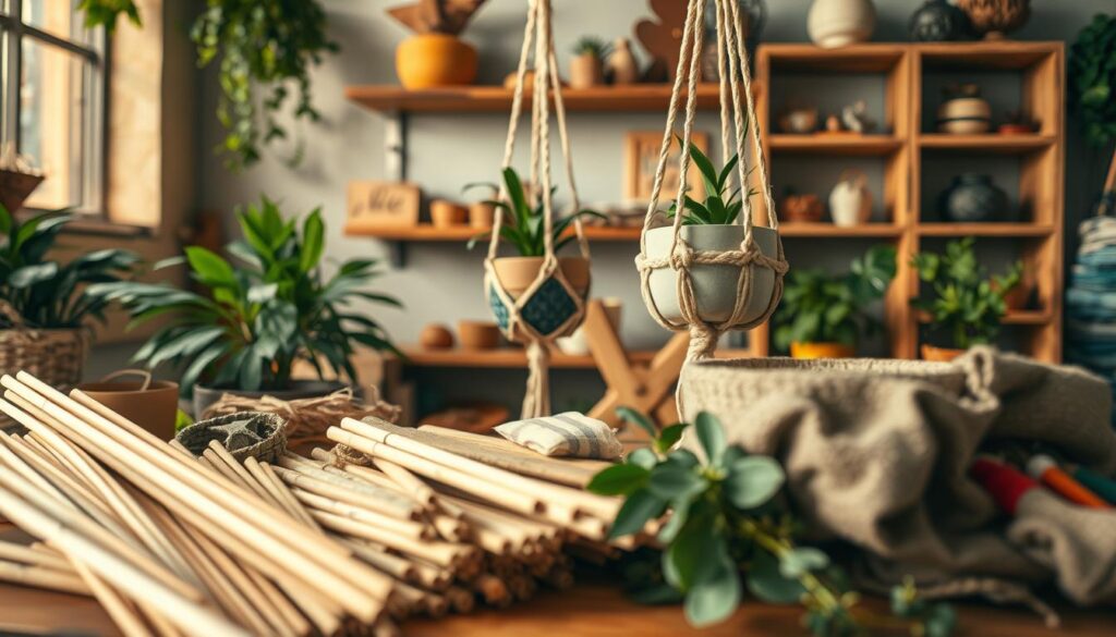 Vibrant, eco-friendly DIY crafting scene with a rustic, natural aesthetic. In the foreground, an assortment of sustainable materials like [Live.Learn.Create] bamboo skewers (https://amzn.to/3Kd6j1f), recycled cardboard, and repurposed fabrics. In the middle ground, a [Live.Learn.Create] macrame plant hanger (https://amzn.to/3Kbkwlb) and a handmade ceramic planter. In the background, shelves displaying other upcycled and handmade trinkets. Warm, diffused lighting casts a cozy glow, complemented by earthy tones and textures. The overall atmosphere evokes a sense of mindful creativity and environmental consciousness.