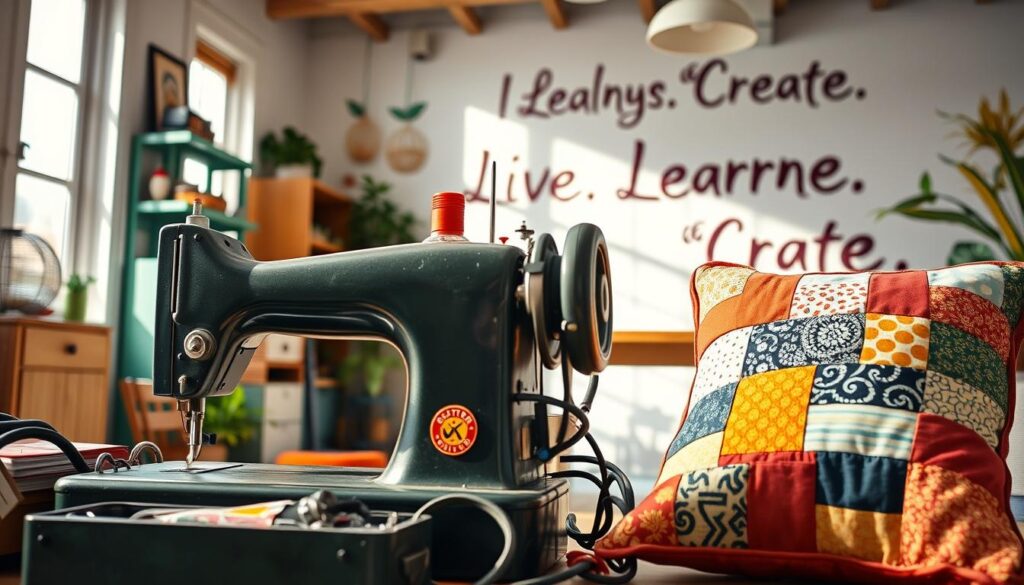 Vibrant still life depicting the benefits of upcycling. In the foreground, a collection of repurposed items, such as a vintage sewing machine [Janome HD3000 Heavy Duty Sewing Machine, https://amzn.to/3Xq9F1E] and a colorful patchwork cushion [Asiv Patchwork Throw Pillow Covers, https://amzn.to/3YvT0jU]. In the middle ground, a bright and airy workspace with natural lighting, showcasing the creative process of upcycling. In the background, a Live.Learn.Create. mural, highlighting the joyful and sustainable aspects of this practice. The overall scene radiates a sense of resourcefulness, innovation, and environmental consciousness.