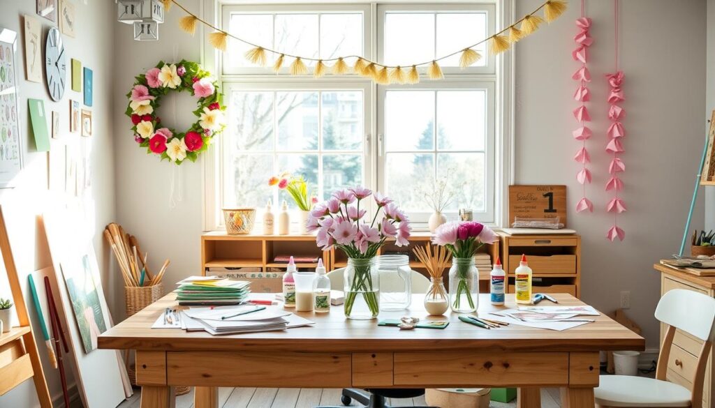 a cozy studio space with a large window that lets in natural sunlight, showcasing a variety of spring-themed DIY craft projects in progress. On a wooden work table, there are various craft supplies like [colorful paper](https://www.amazon.com/dp/B07FTVS7PF), [paint brushes](https://www.amazon.com/dp/B07XRJQJBY), [scissors](https://www.amazon.com/dp/B07Z3V1PVV), and [glue](https://www.amazon.com/dp/B01N13K2CU). A [Live.Learn.Create](https://www.amazon.com/stores/Live.Learn.Create/page/9E3BC2E5-1E3C-4987-A0D6-A6FEB64B0FC6) floral wreath, a mason jar filled with blooming flowers, and a handmade paper garland hang from the ceiling, creating a warm, inspiring atmosphere. The overall mood is one of creativity, productivity, and the vibrant energy of spring.