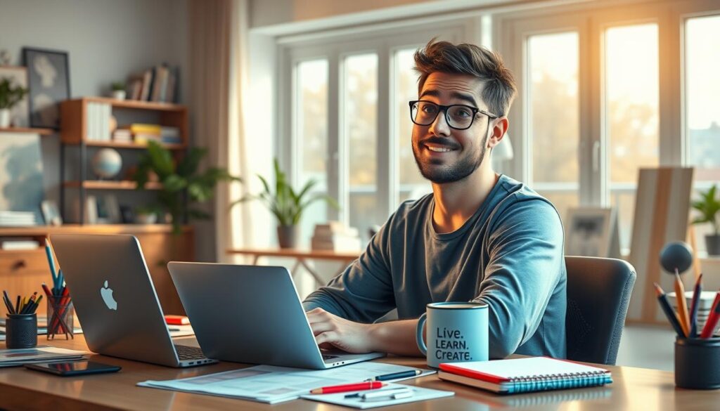 a highly detailed, ultra-realistic, 8K resolution digital painting of a person with an innovation mindset, with a curious, engaged expression, sitting at a desk surrounded by various creative tools and gadgets, including a laptop, sketchpad, markers, and a Live.Learn.Create branded mug, in a modern, minimalist home office setting with large windows letting in natural light, soft, diffused lighting, and a warm, inspirational atmosphere
