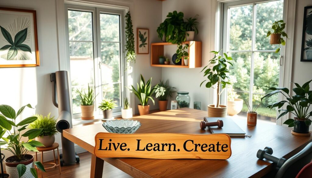 a photograph of a cozy, sunlit home office space with a large wooden desk, houseplants, and an assortment of health and wellness items including a yoga mat, a crystal, a scented candle, a journal, and a pair of dumbbells. The walls are adorned with nature-inspired artwork and there is a large window overlooking a lush garden. The overall atmosphere is one of calm, tranquility, and mindfulness. In the foreground, the text &amp;quot;Live.Learn.Create&amp;quot; is prominently displayed on a wooden plaque.